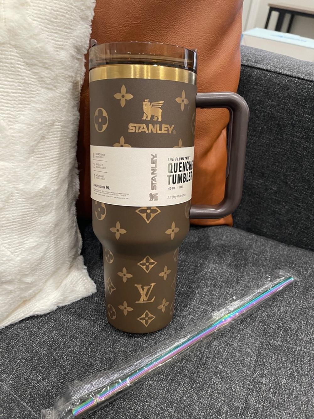 New 40oz Laser Engraved LV x Stanley Brown and Gold Travel Tumbler